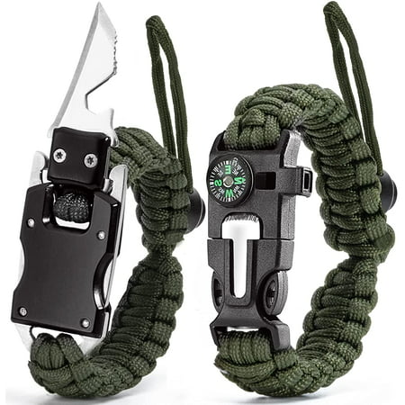 Outdoor Survival Paracord Rope Bracelet Flint Fire Starter Compass Whistle NEW